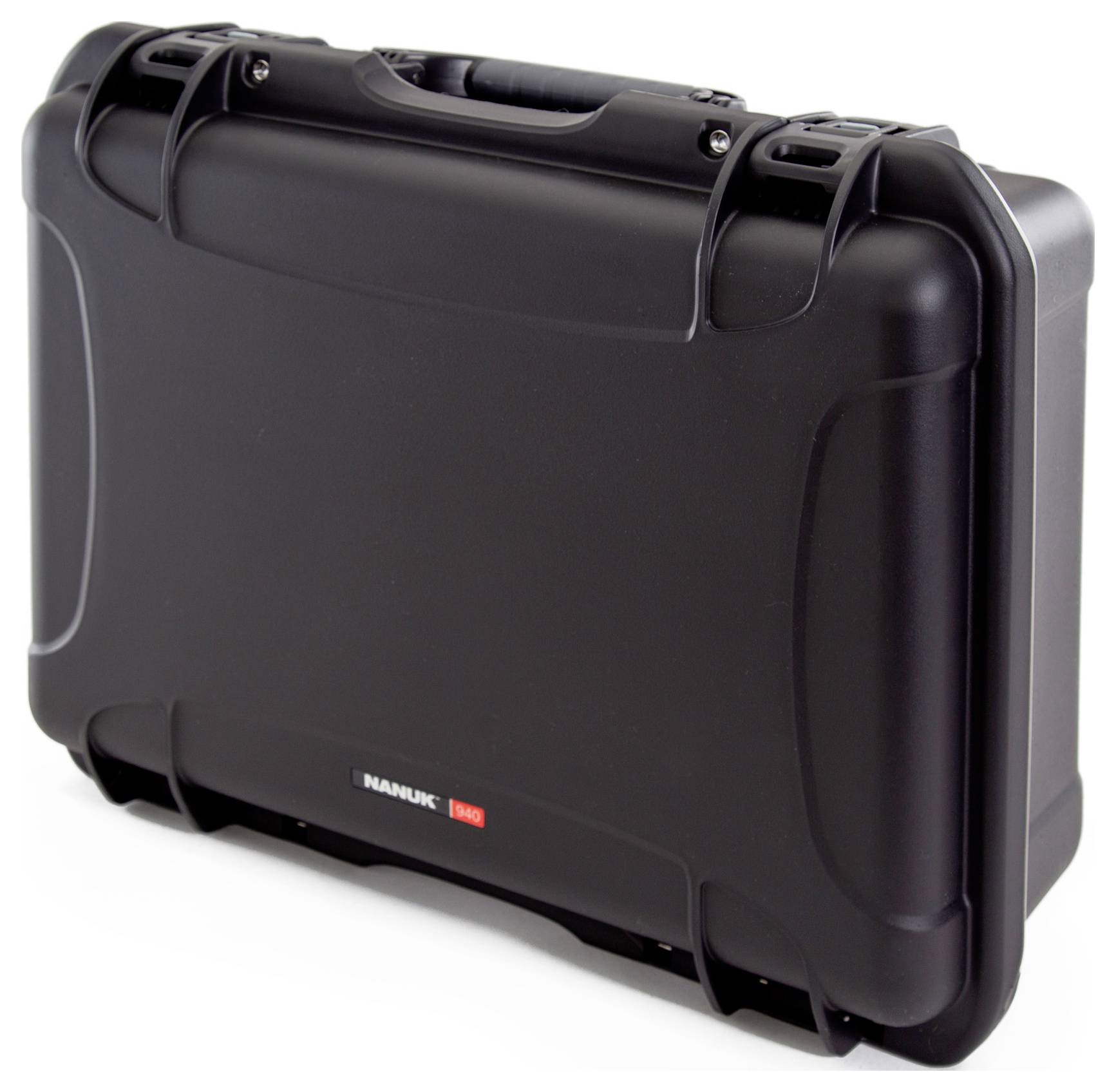 A robust, black hard-shell suitcase with an ergonomic handle, suitable for the secure transportation of delicate items.