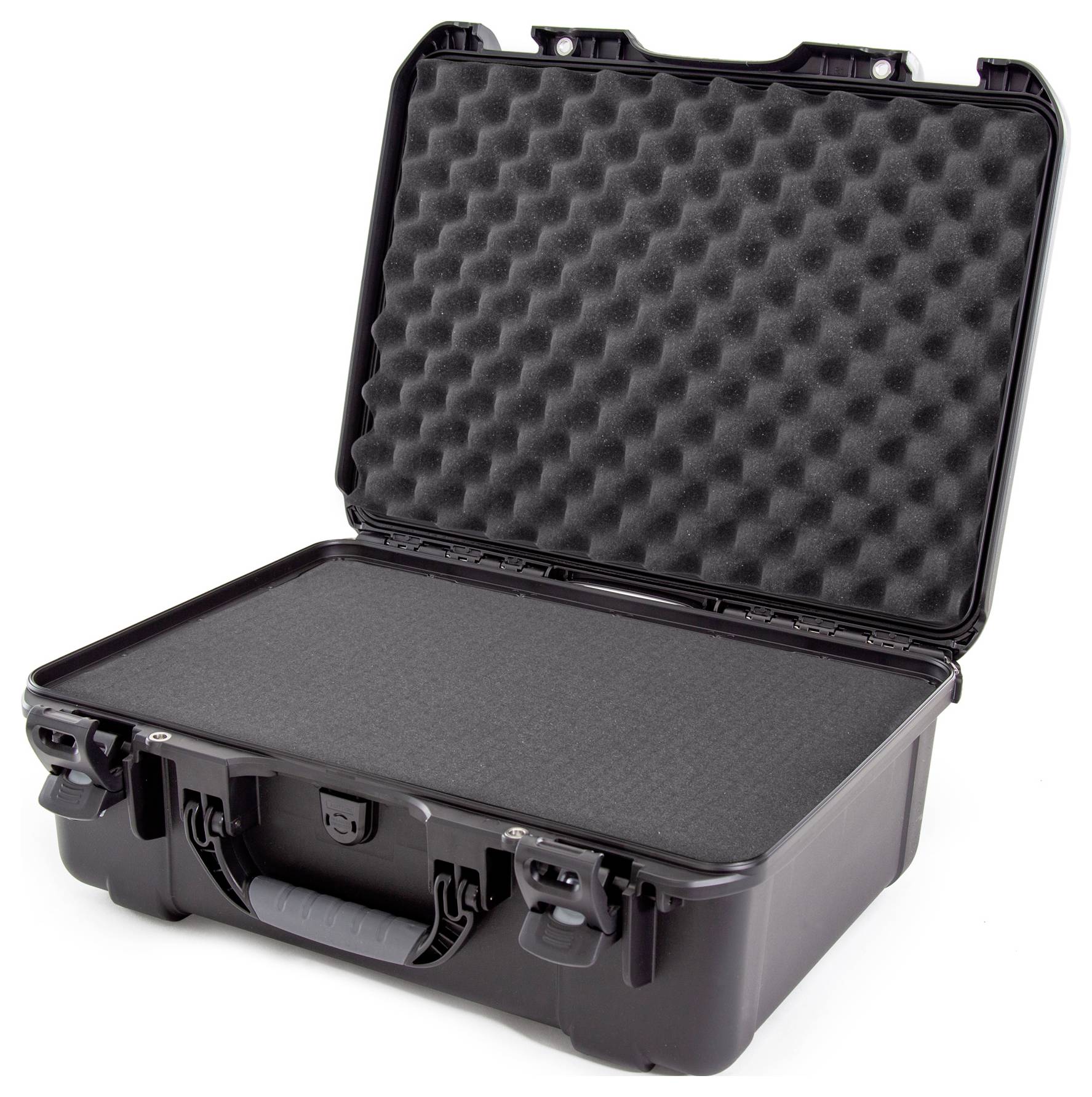 A black protective case with an open lid and foam lining, suitable for transporting delicate equipment.