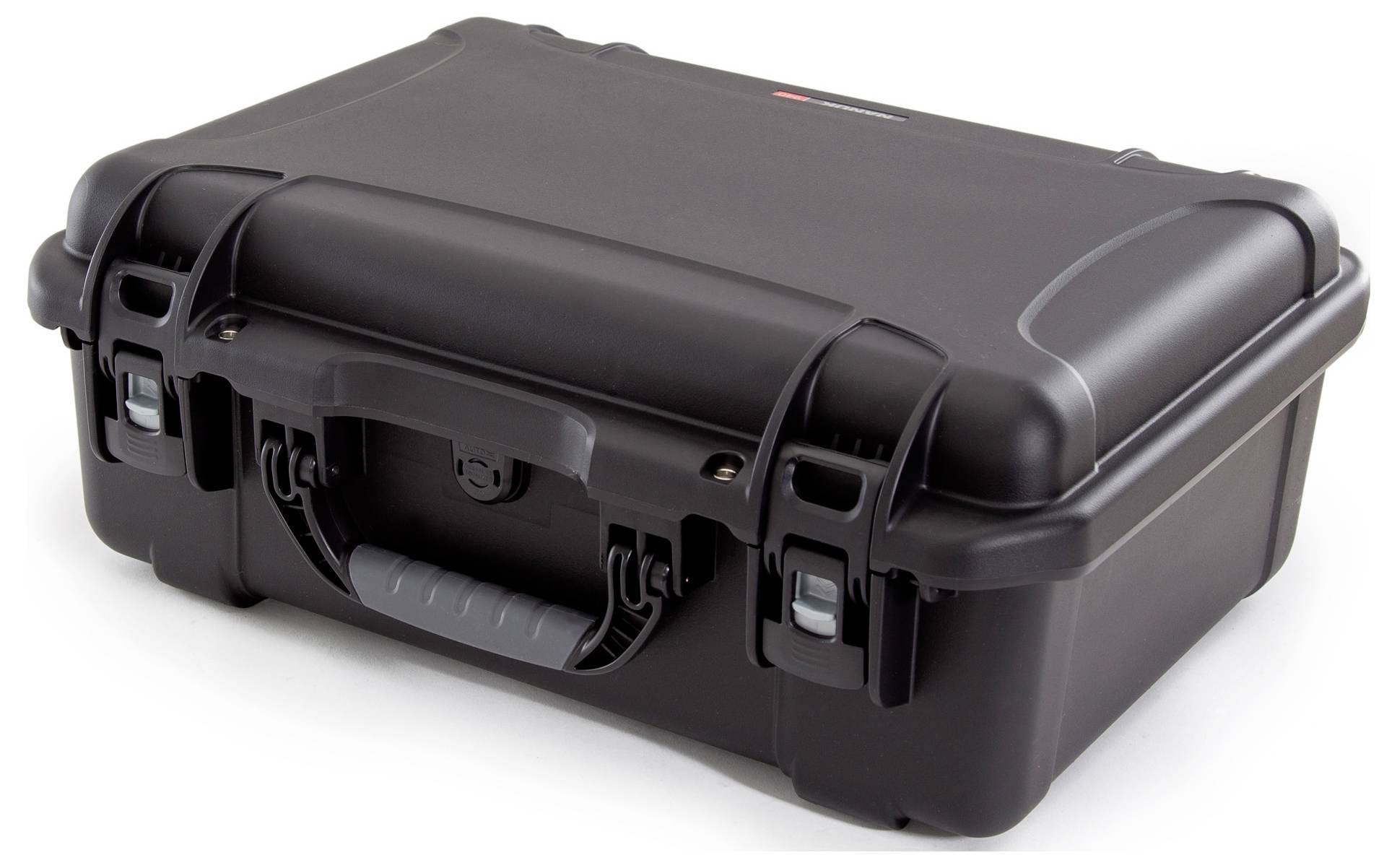 Black hard-shell suitcase with two locks and a carry handle, suitable for secure transportation and protection of equipment.