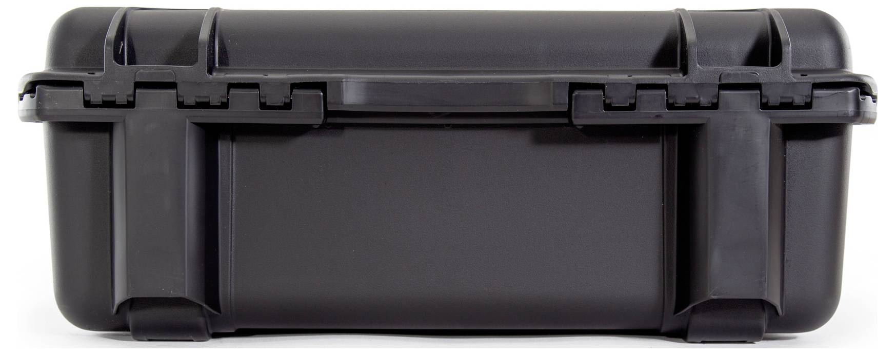 Black, rectangular storage case with sturdy locks and carrying handle.
