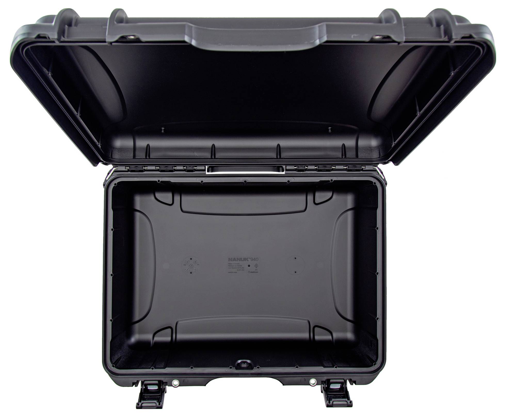 A sturdy, empty, black hard-shell suitcase with reinforced corners and robust fastenings. Suitable for secure transportation.