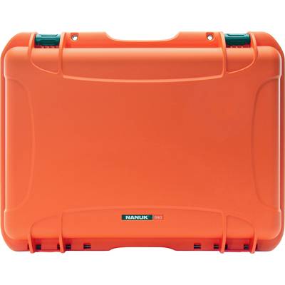 A robust, orange protective case by 'Nanuk', model 940, with two green locks.