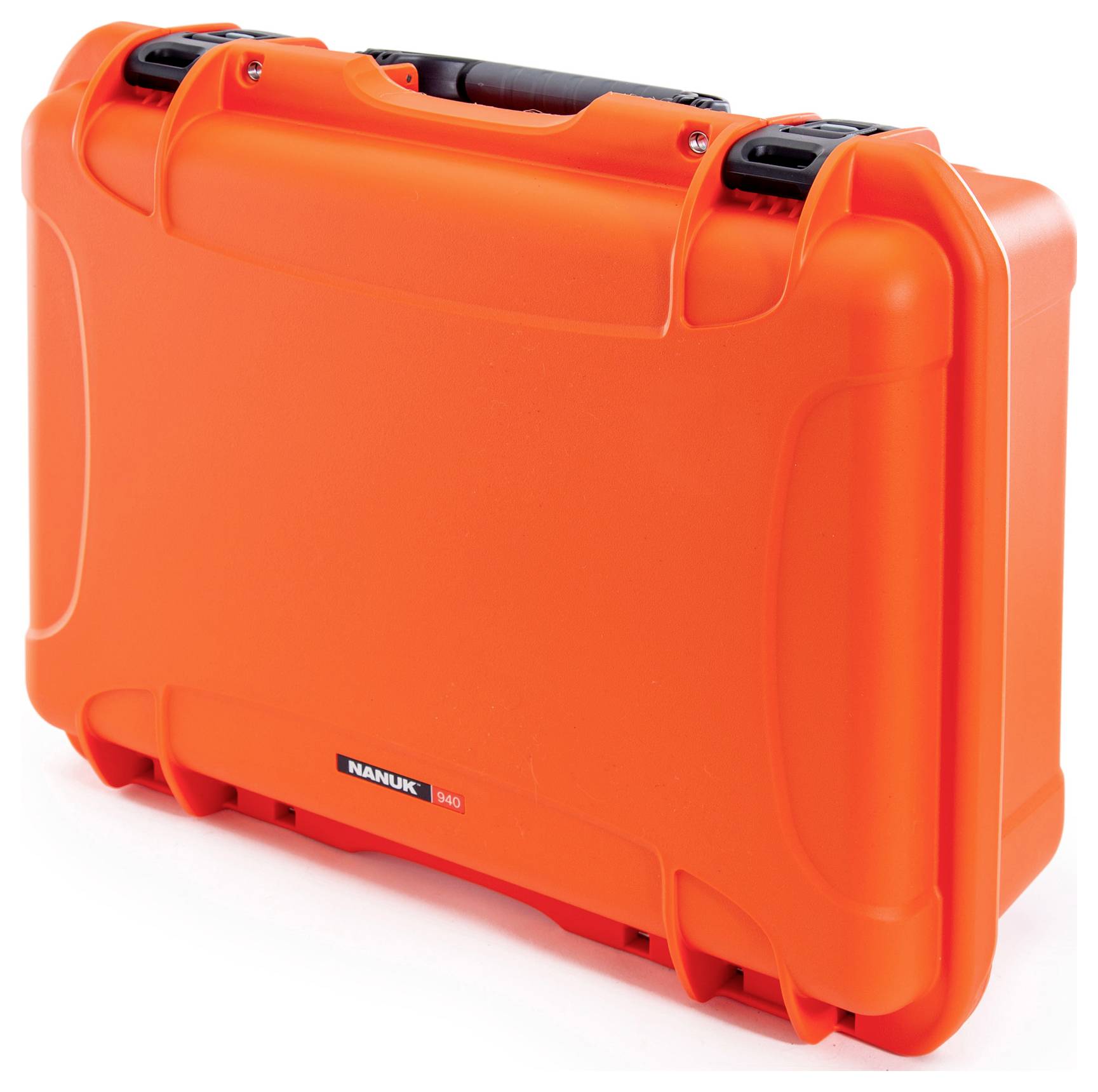A robust, orange suitcase with black latches, suitable for the secure transportation of delicate equipment or tools.