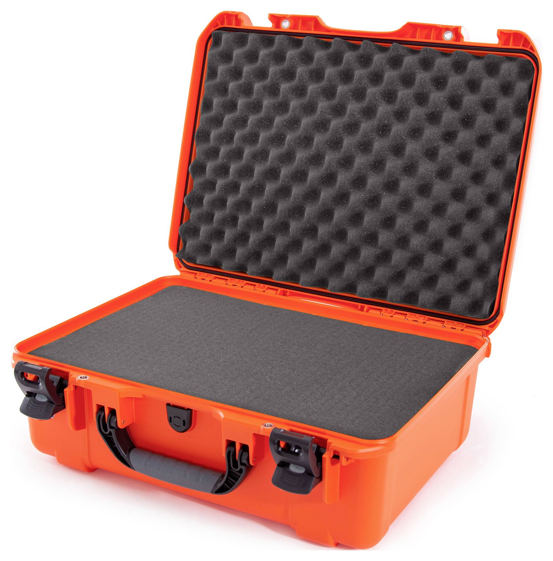 An open, orange suitcase with a foam padding inside that serves to protect its contents.
