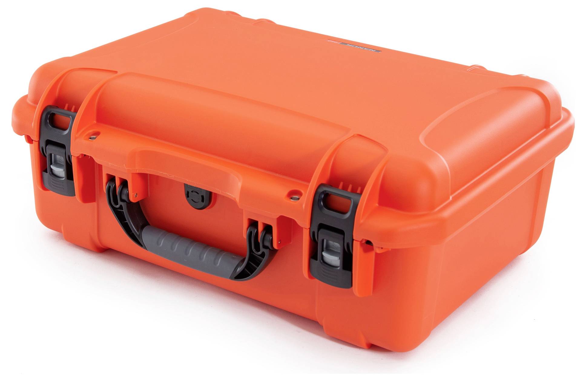 Orange, robust plastic case with multiple black locks and a sturdy handle. Ideal for secure transportation.