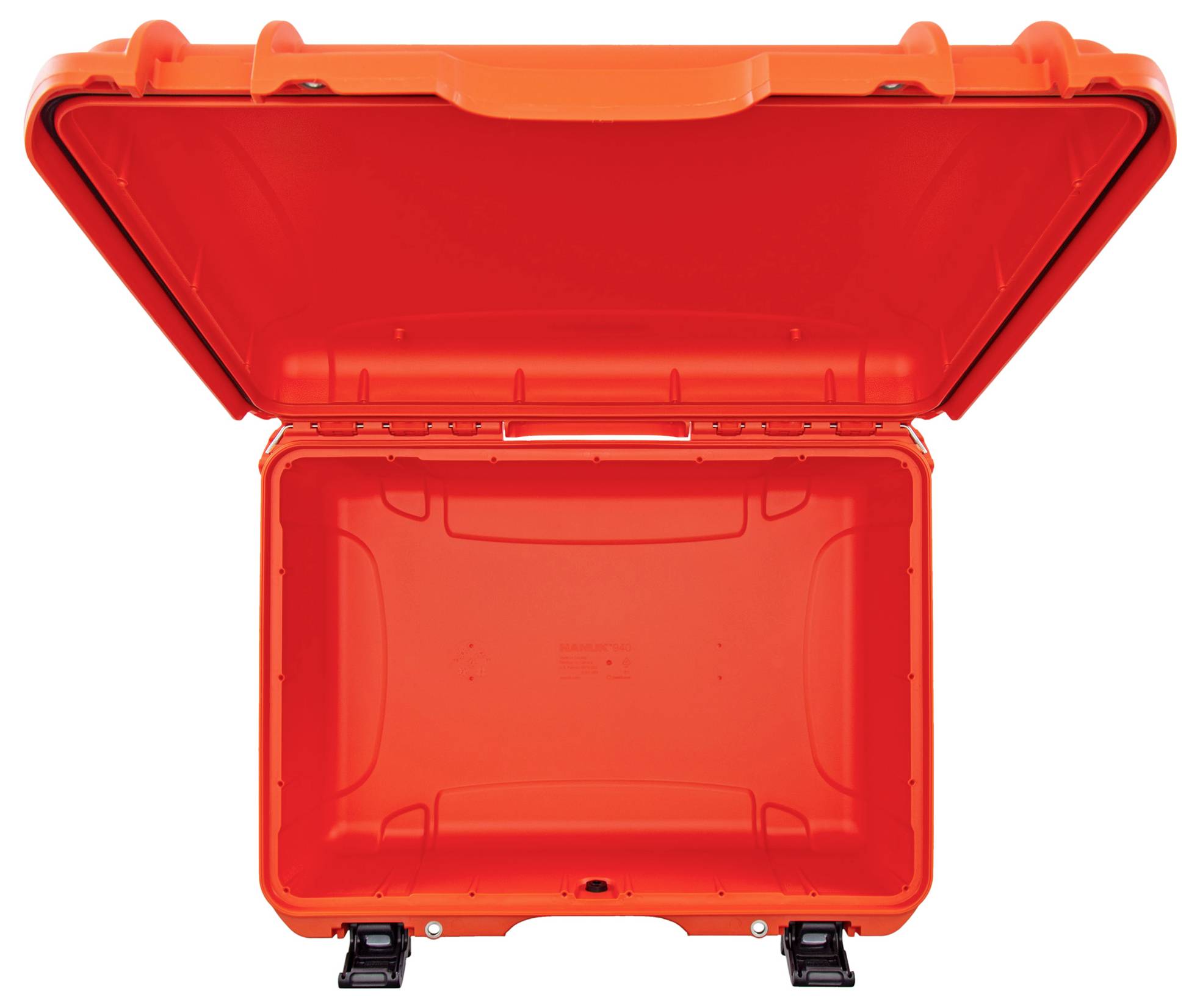 An opened, empty, orange protective case with a robust housing and two black latches.