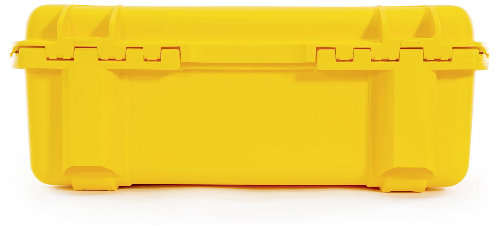 Yellow protective case on a white background. The case is closed and has side latches, suitable for secure transportation.