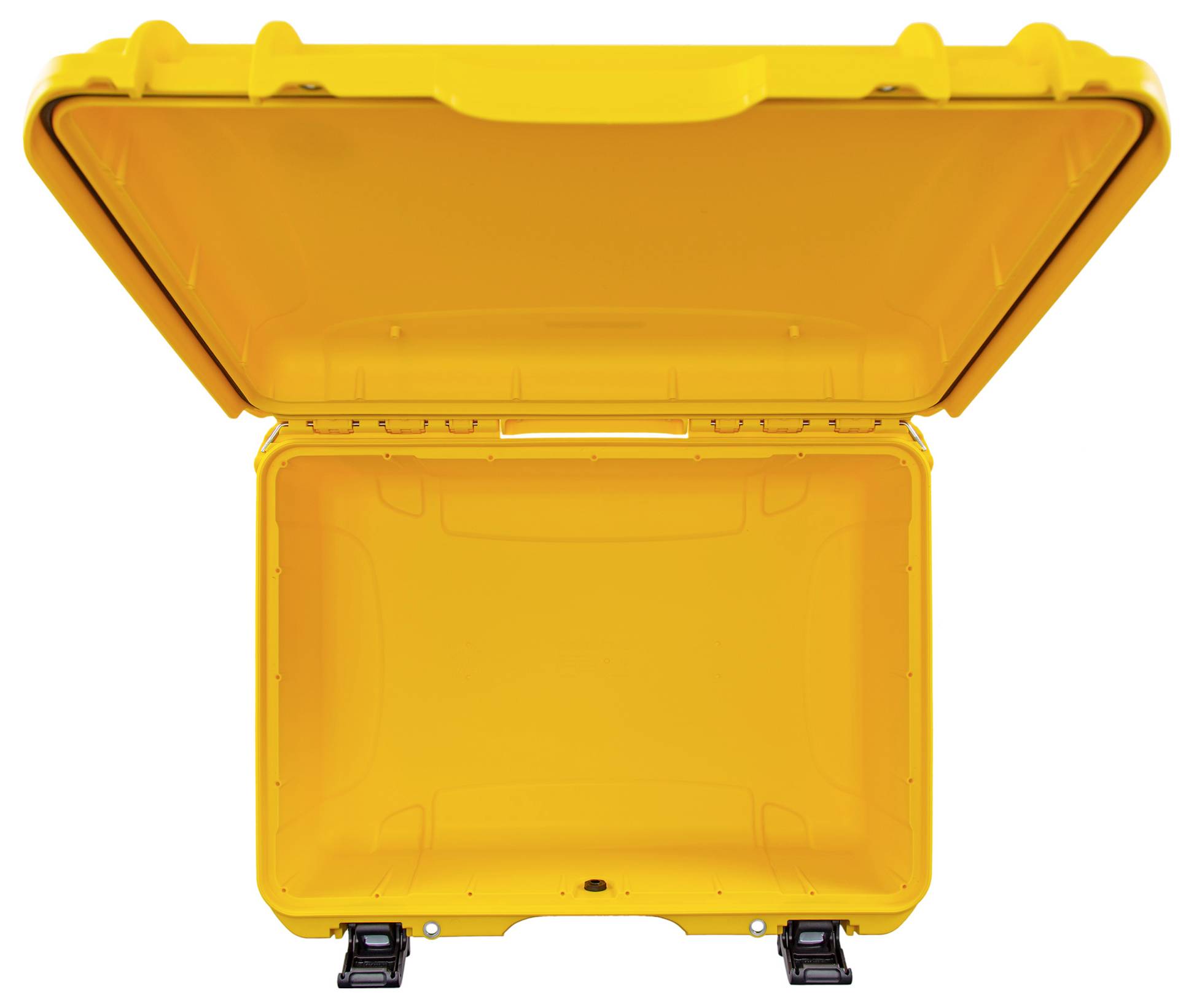Open yellow suitcase with a black clasp, empty and standing upright.