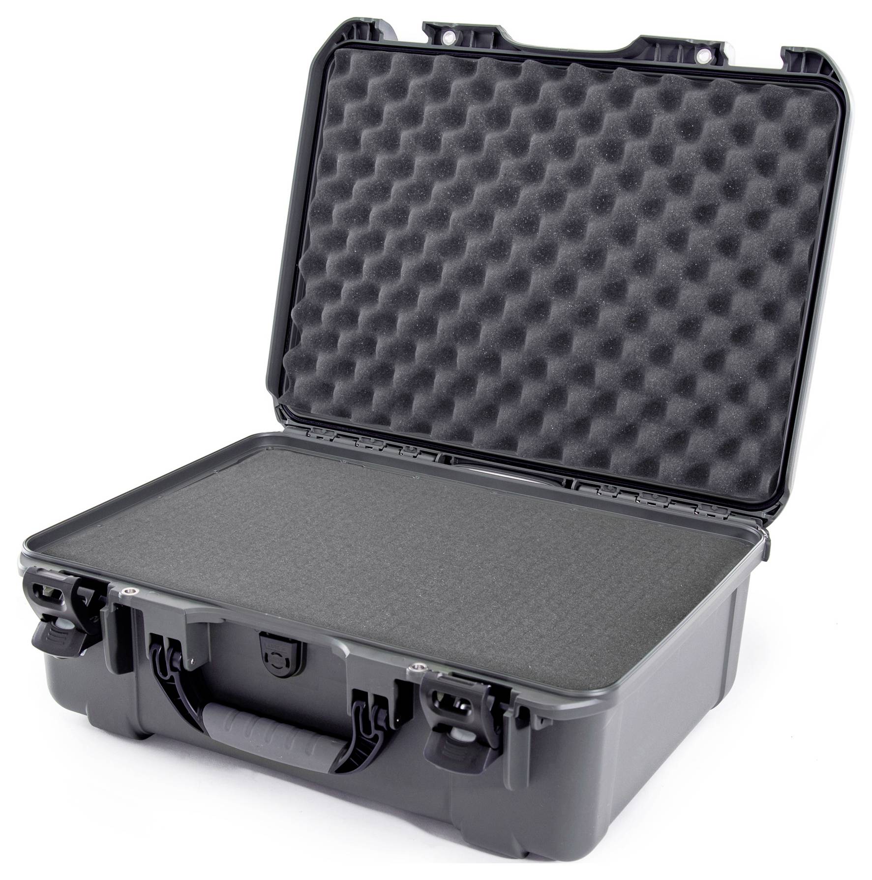 Open, empty black hard-shell case with foam insert, suitable for safely transporting delicate items.