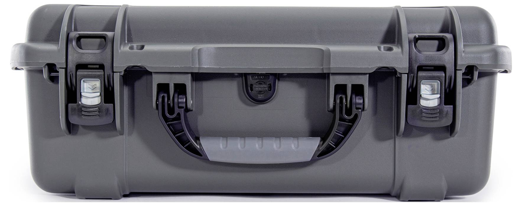 A grey, robust transit case with two locks and a front handle, suitable for the secure transportation of delicate items.