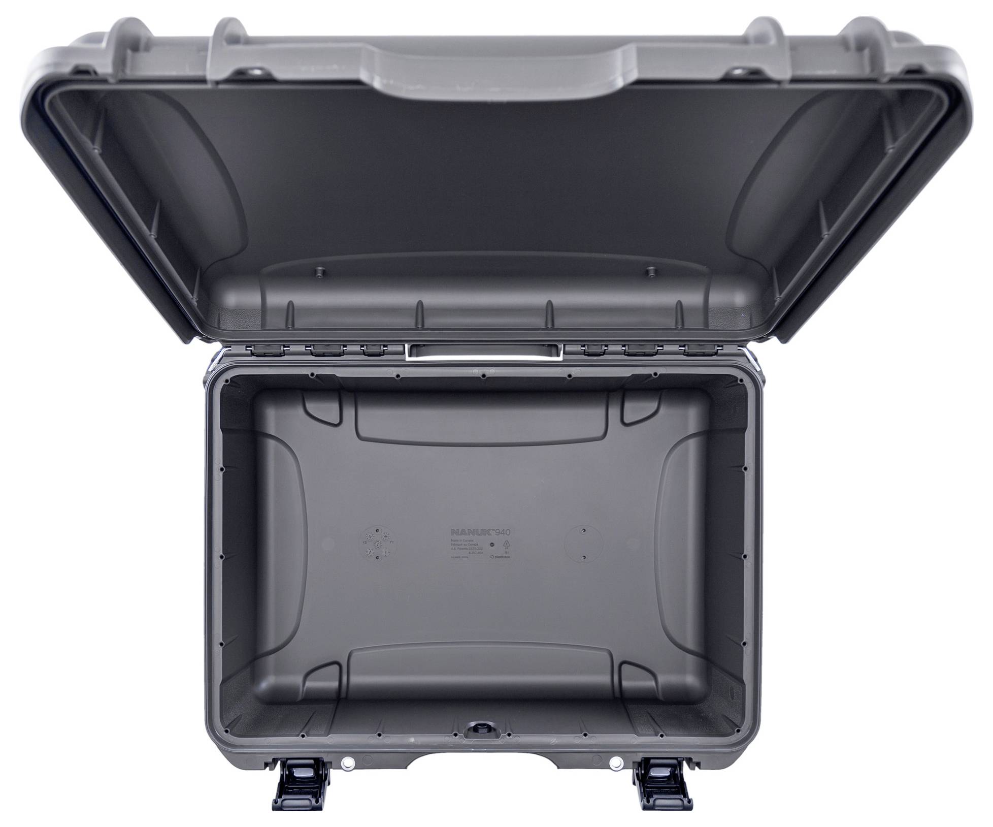Grey, empty, open hard-shell suitcase with robust design and two locks on the underside. Ideal for secure transportation.
