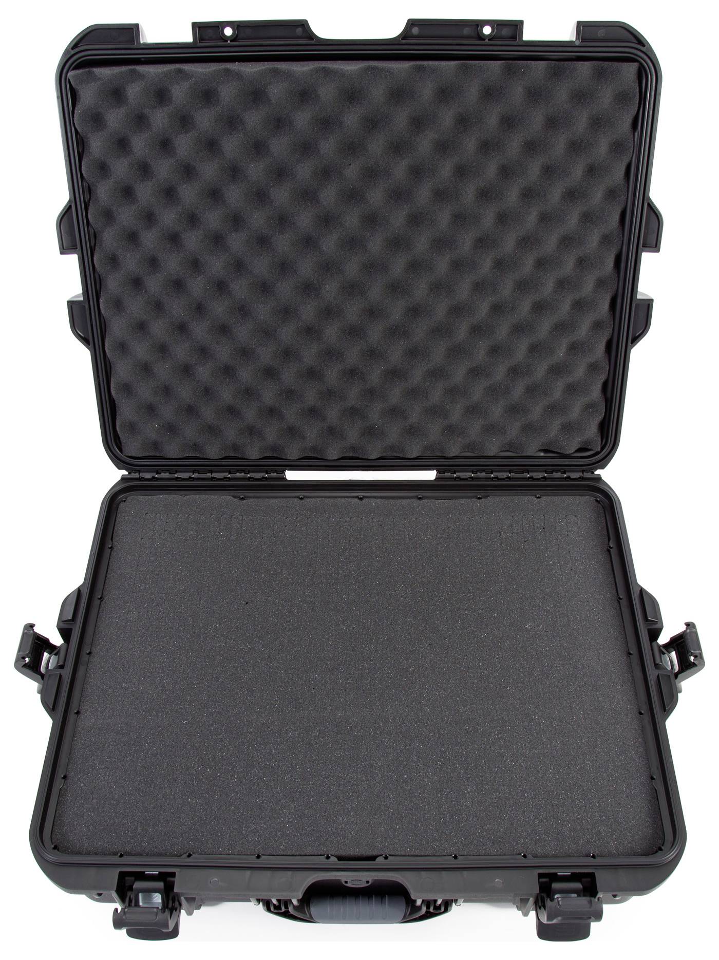 A black, open protective case with foam inserts inside.