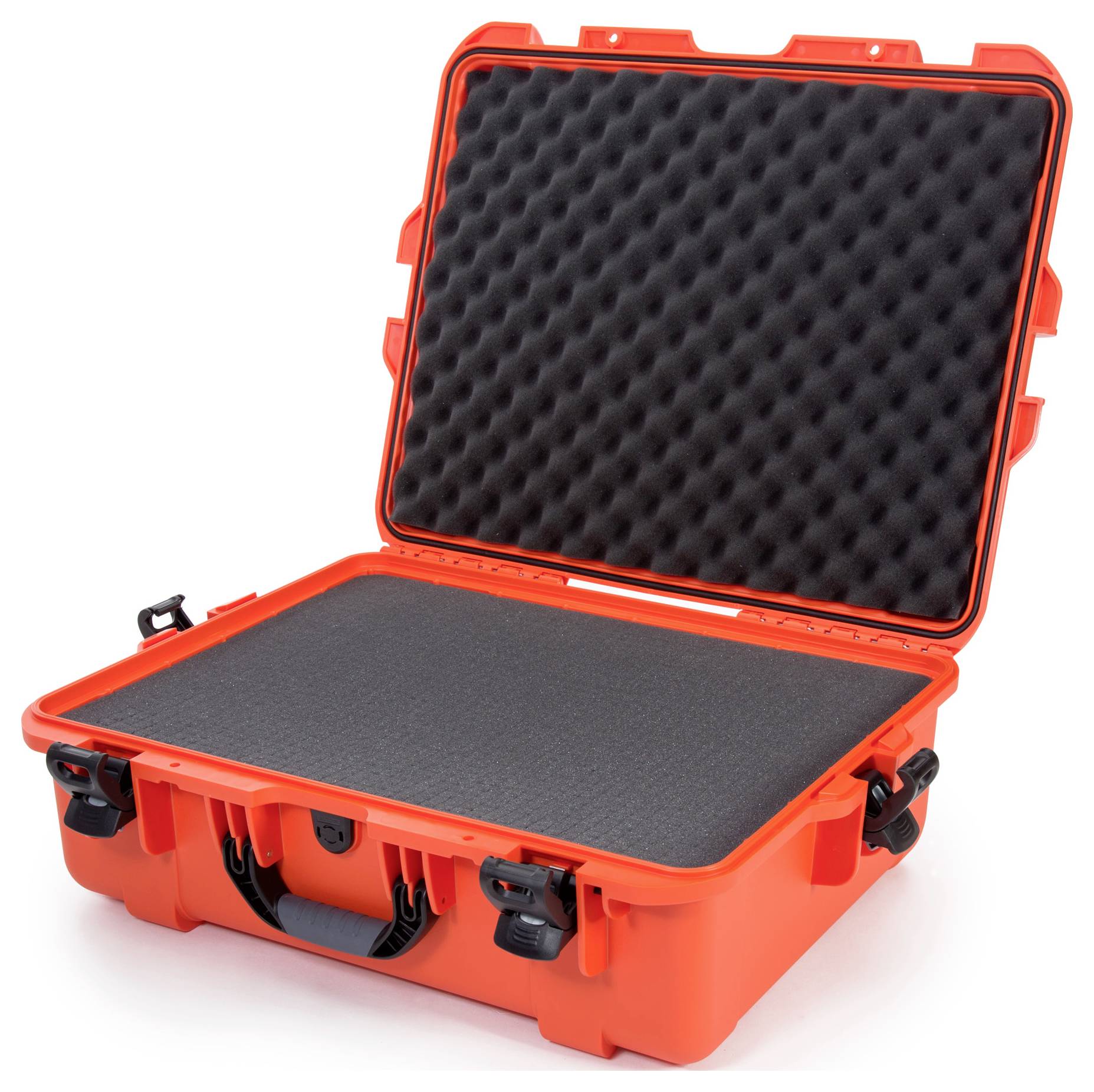 An opened, bright orange protective case with black foam lining for the secure storage of delicate equipment.