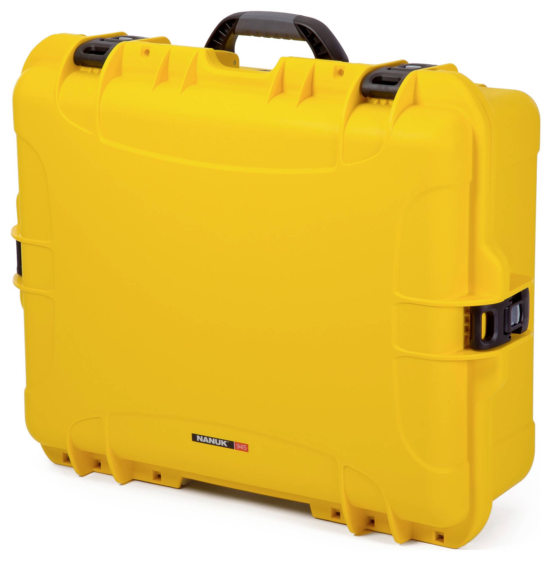 A yellow, robust hard-shell suitcase with a handle and locks. Brand logo on the front.