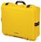 A yellow, robust hard-shell suitcase with a handle and locks. Brand logo on the front.