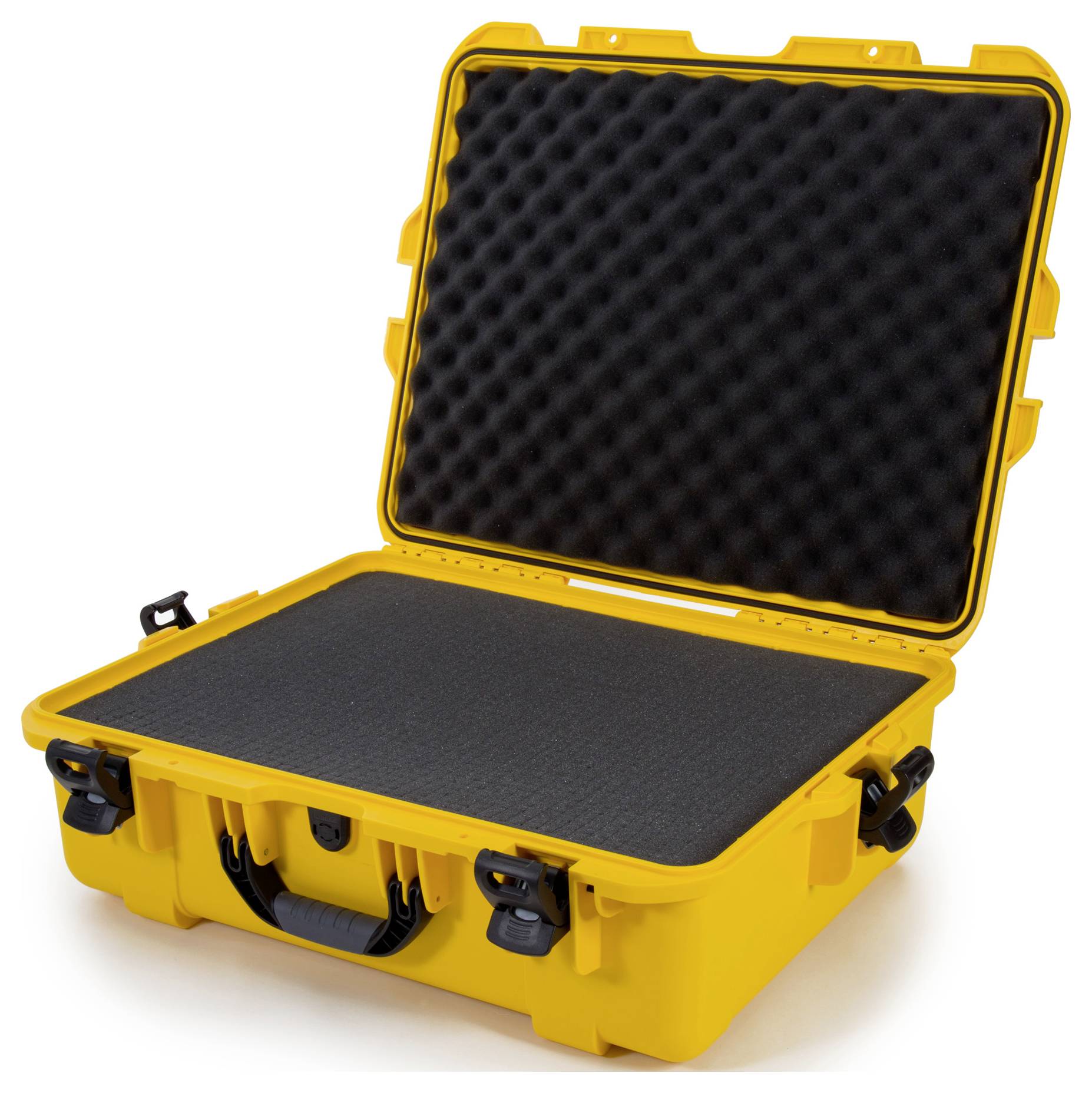 Yellow plastic case with open lid, foam interior lining to protect delicate contents, suitable for portable transportation.