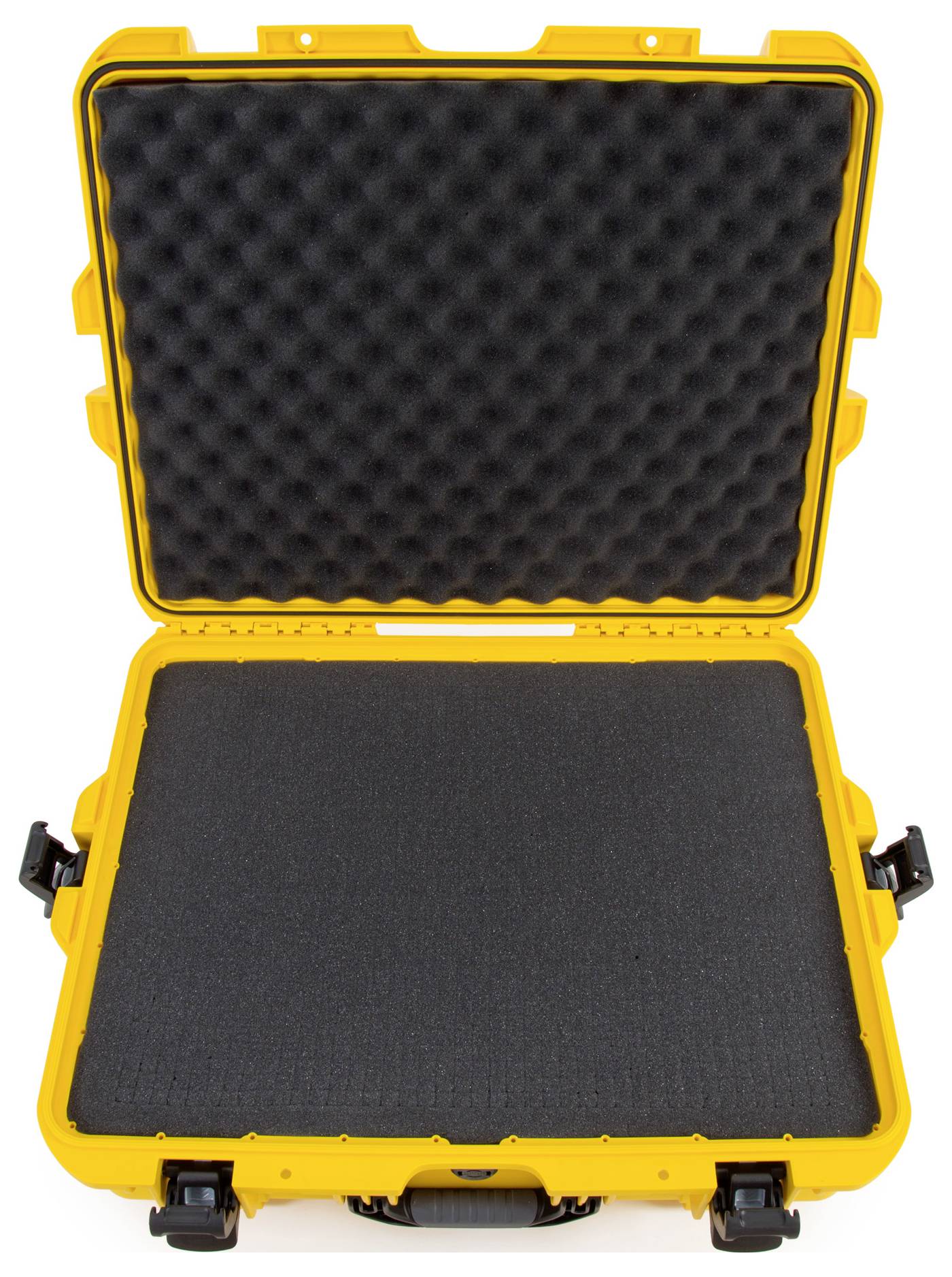 Yellow, open hard-shell case with black foam-padded interior for secure transportation of delicate items.