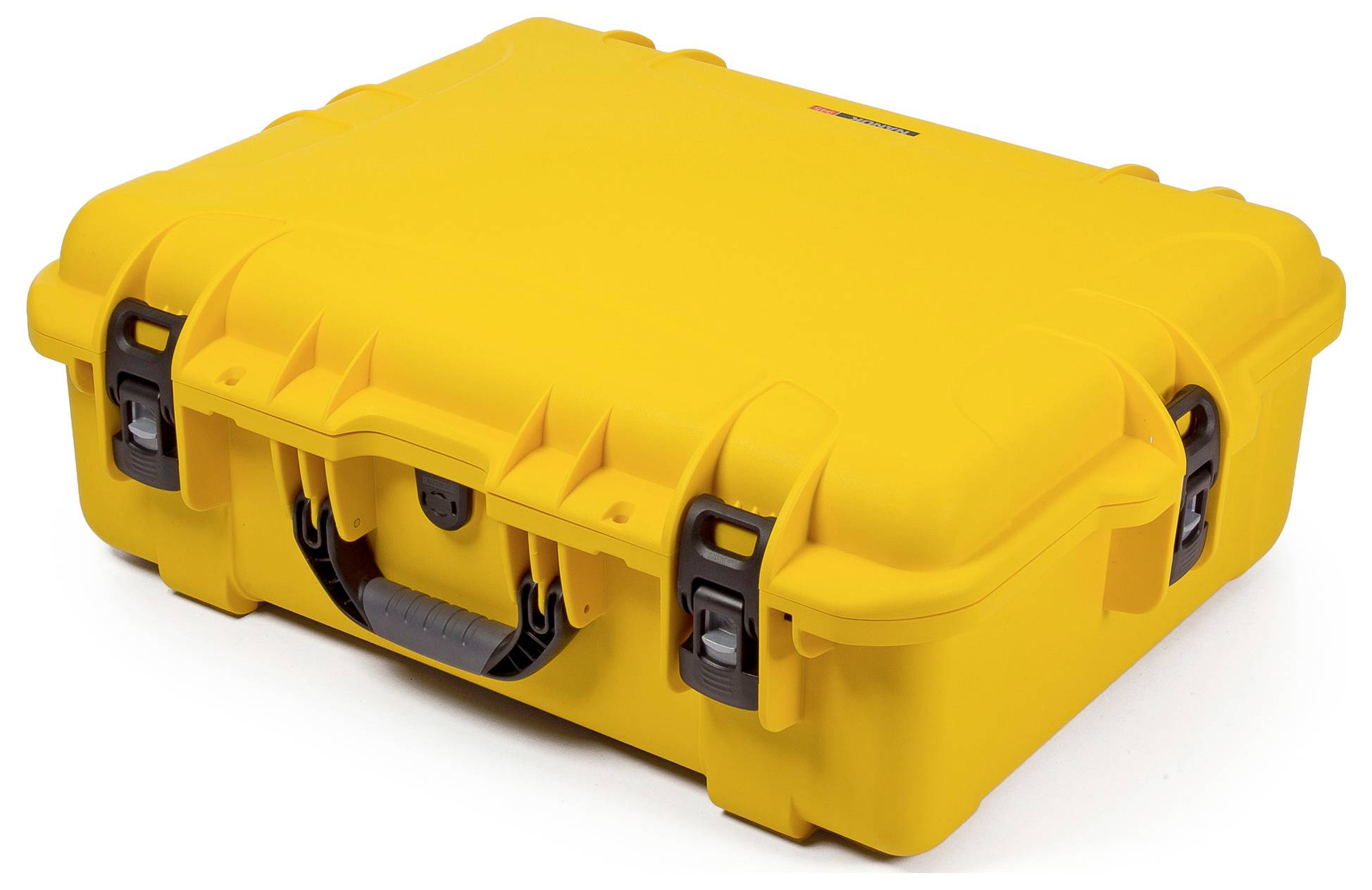 Yellow, robust suitcase with black fastenings and handles, suitable for the secure transportation of delicate items.