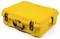 Yellow, robust suitcase with black fastenings and handles, suitable for the secure transportation of delicate items.