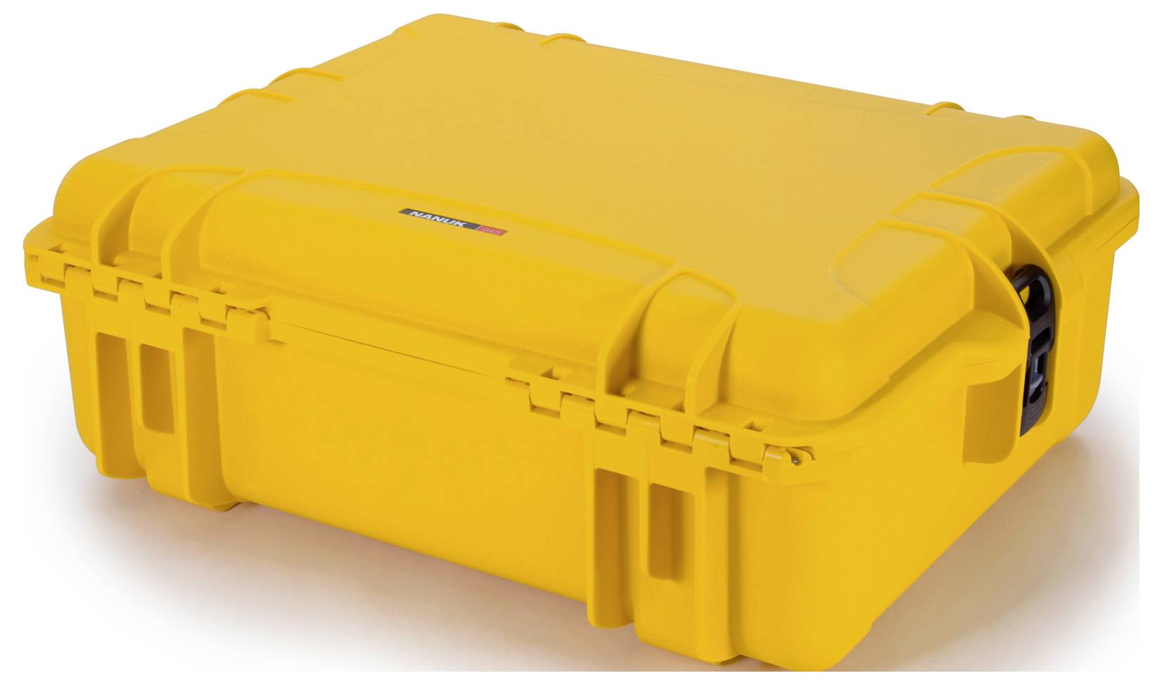 Yellow, robust protective case with locking clips and carry handle, suitable for secure storage and transportation of delicate items.