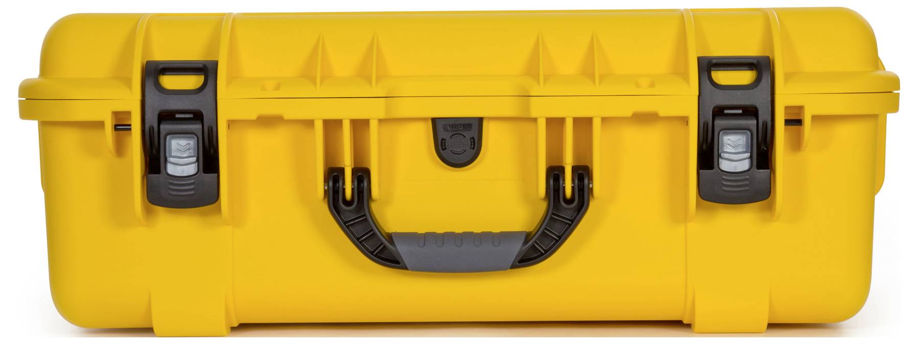 Yellow, robust hard-shell suitcase with two locks and a handle, often used for the secure transportation of delicate equipment.