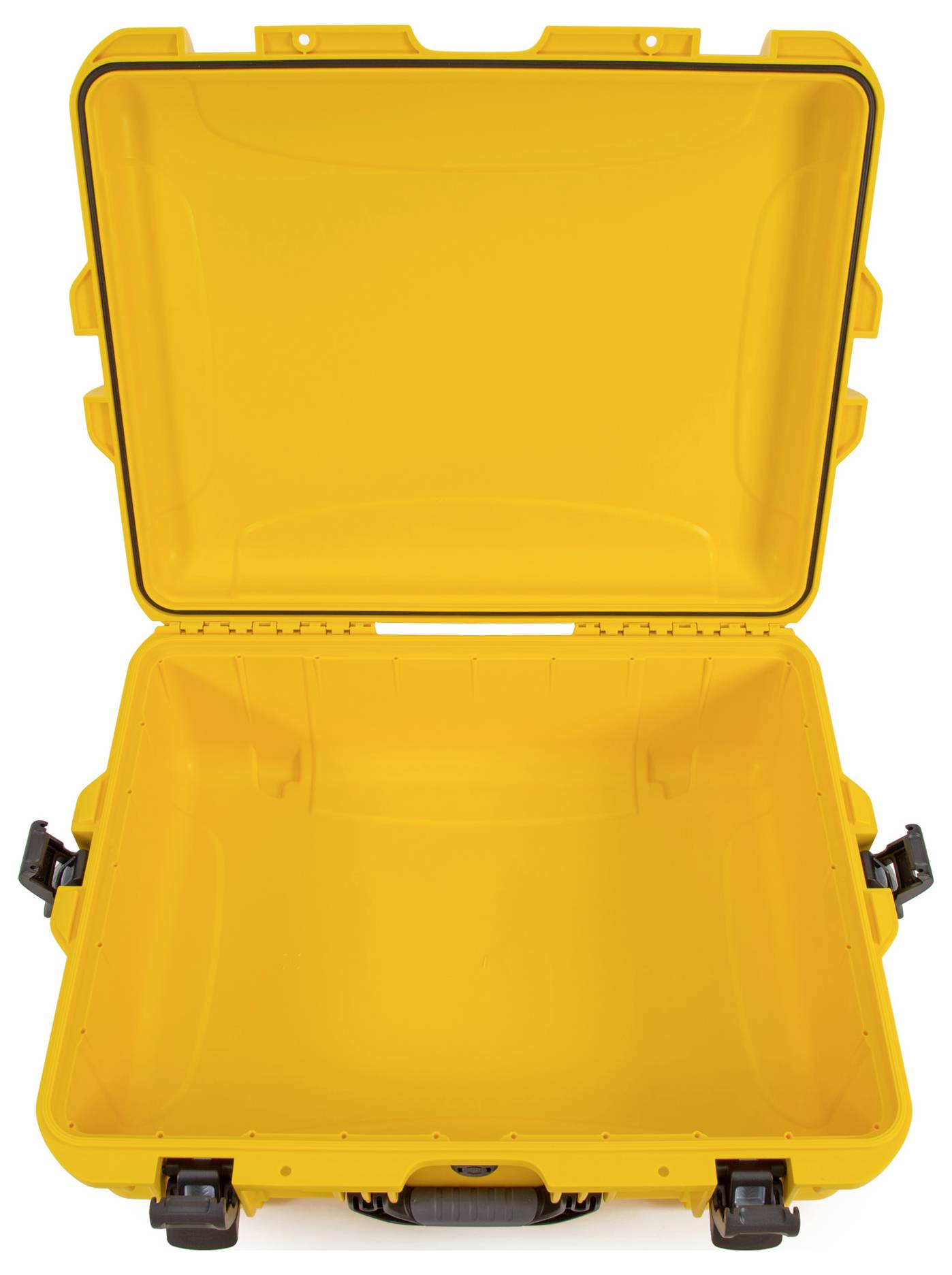 An open, yellow hard-shell suitcase with hinged locks on the sides and a handle at the front, completely empty.