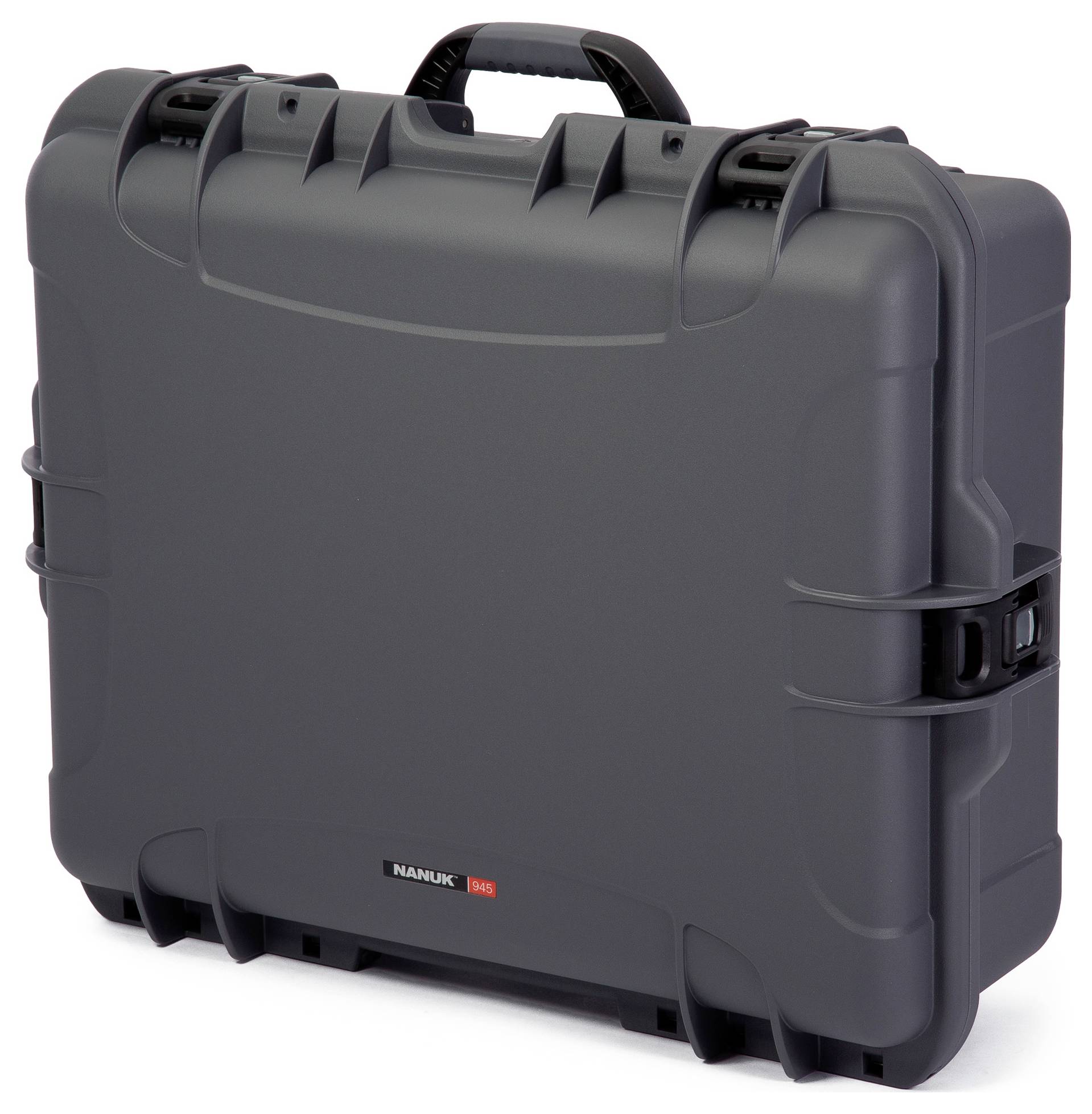 A sturdy, grey hard-shell suitcase with locks and a carry handle. Suitable for the secure transportation of delicate items.