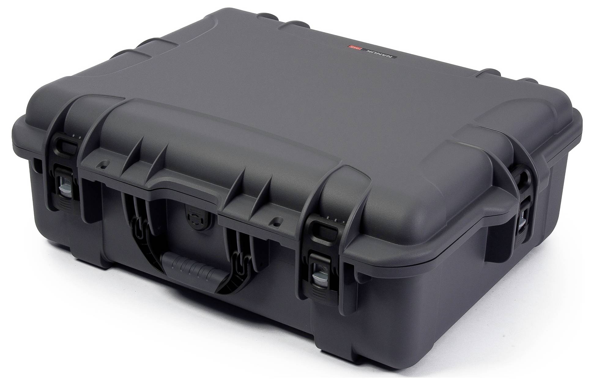 A black, rectangular, robust suitcase with two locks and a handle, possibly designed for transporting delicate items.