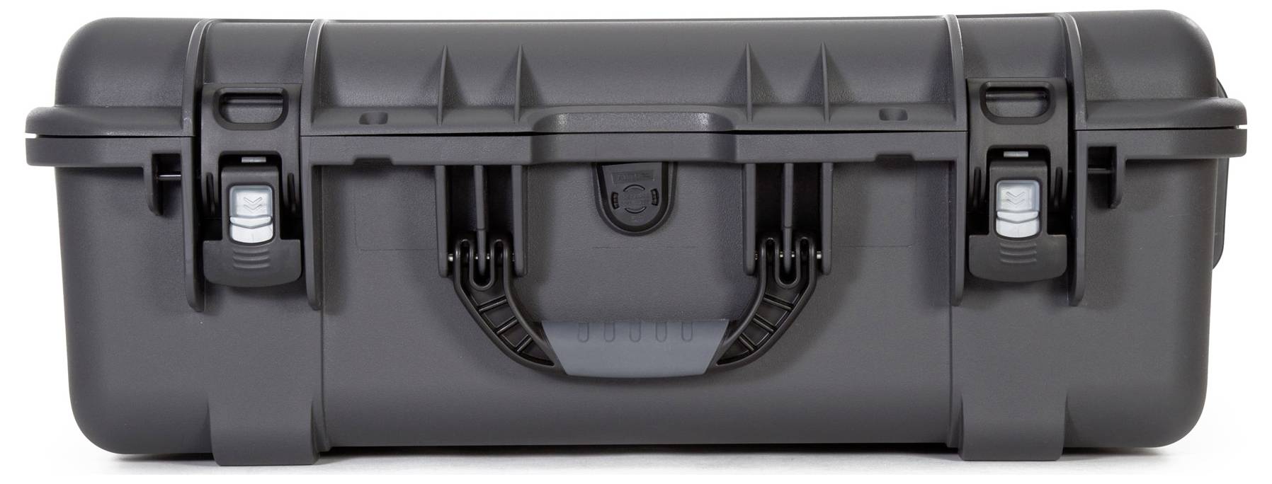 A robust, sealed black hard-shell suitcase with two locks and a handle on the front.