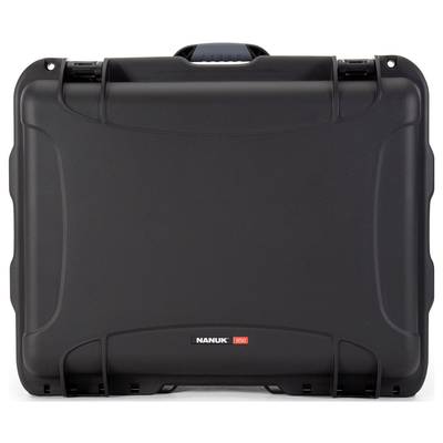 Black, robust Nanuk 930 protective plastic case, closed, with handle on top.
