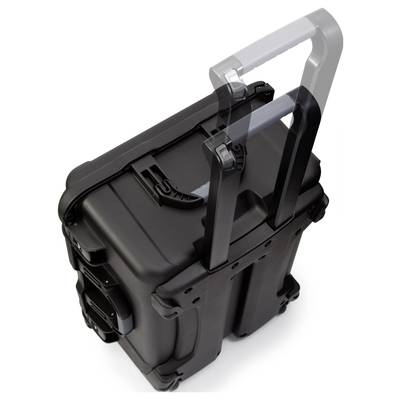 Suitcase with extendable handle and wheels, likely designed for the secure storage or transportation of delicate items.