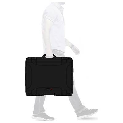 A person wearing casual clothing is carrying a black, rectangular suitcase in their hand. The focus is on the suitcase.