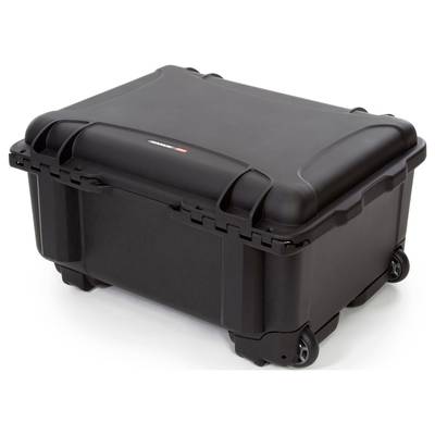 Black, robust transport case with wheels, suitable for the secure transportation of sensitive equipment.