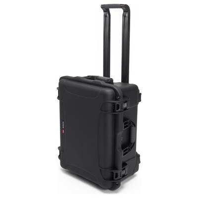 Black hard-shell wheeled suitcase with telescopic handle. Ideal for travelling or securely transporting delicate items.