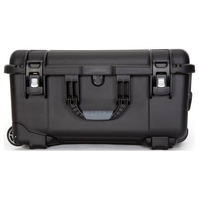 A black, lockable suitcase with carry handle and wheels, suitable for the secure transportation of delicate equipment.