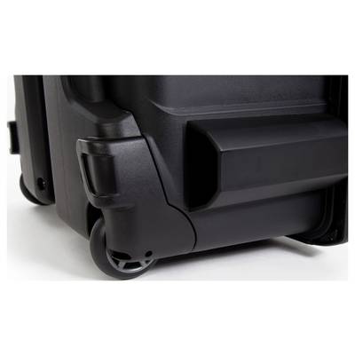Black suitcase with sturdy wheels and robust protective corners, suitable for the secure transportation of heavy items.