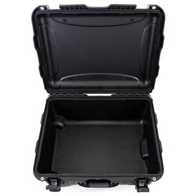 An open, empty black hard-shell suitcase with reinforced corners and a sturdy handle, ready for equipment storage.