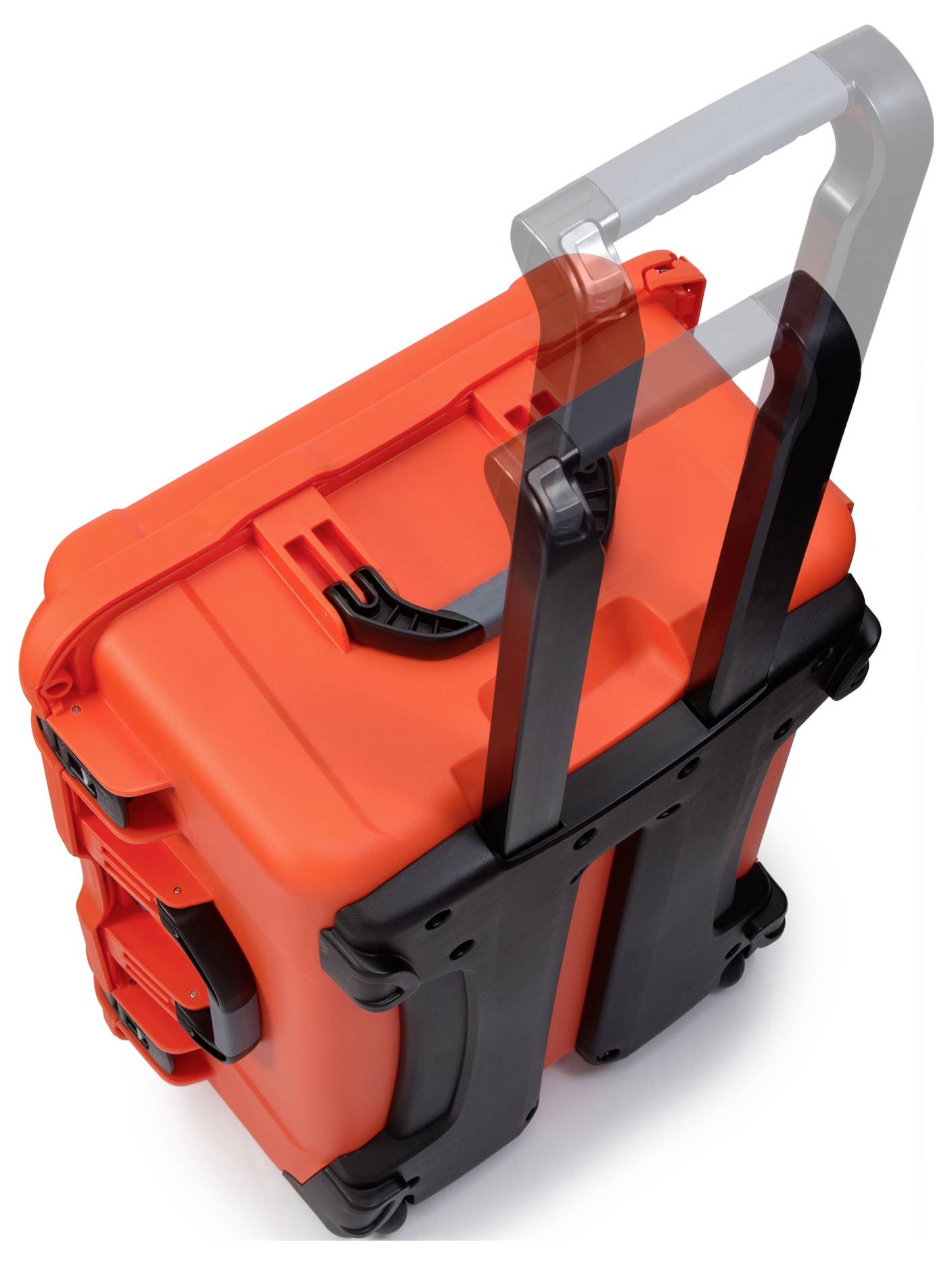 An orange suitcase with black handles and corners, standing upright. The telescopic handle is partially extended.