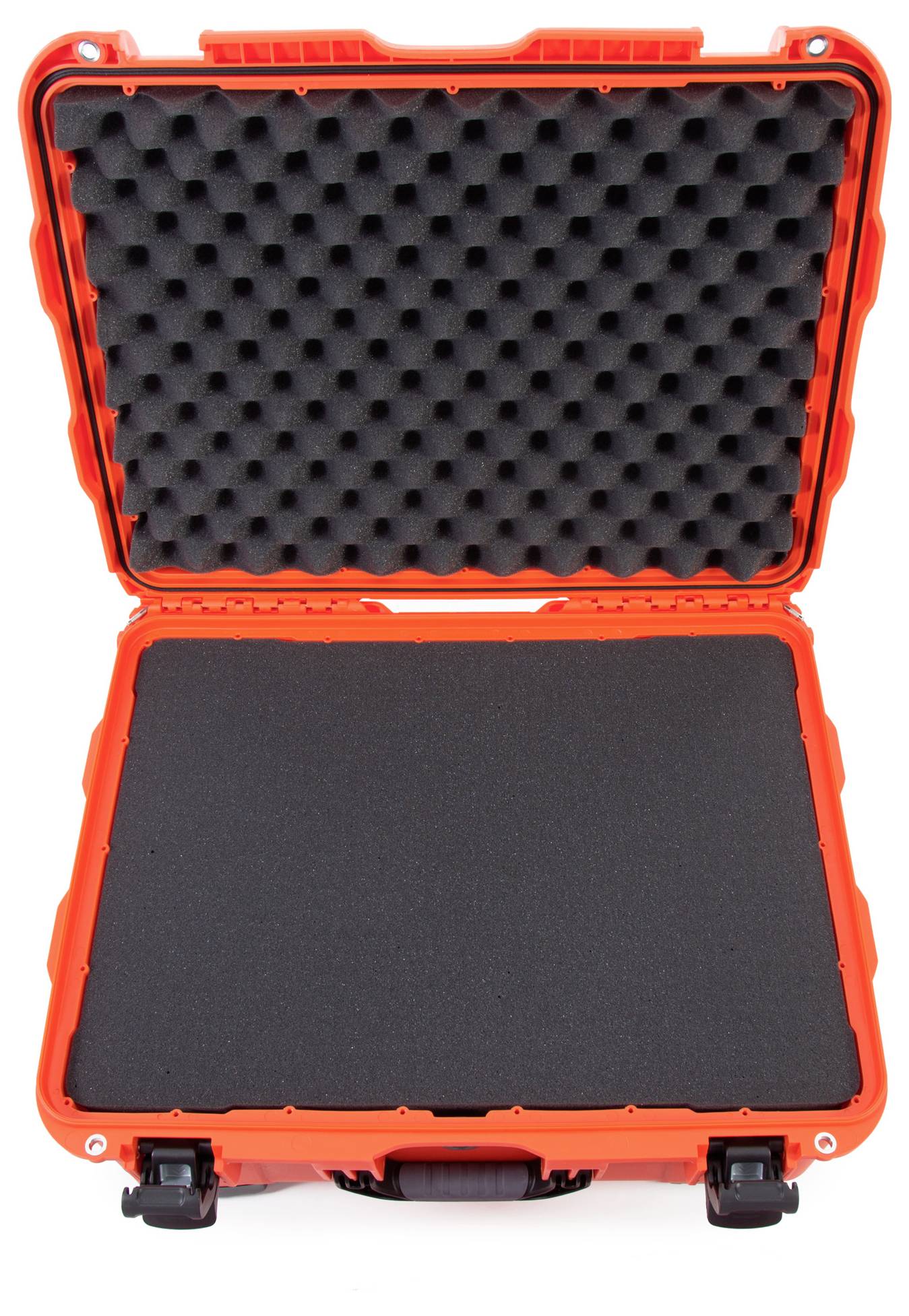 An empty, open, orange protective case with black foam lining, ready for storing or transporting delicate items.