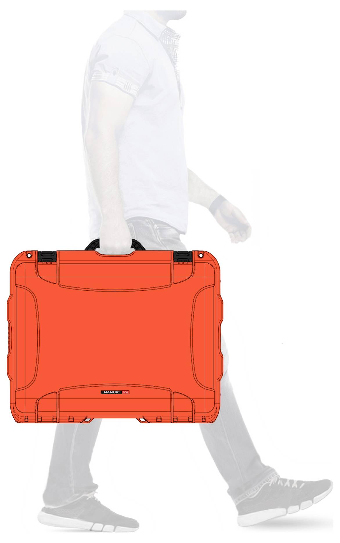 A person is carrying a bright orange hard-shell suitcase in their right hand. The focus is on the suitcase.
