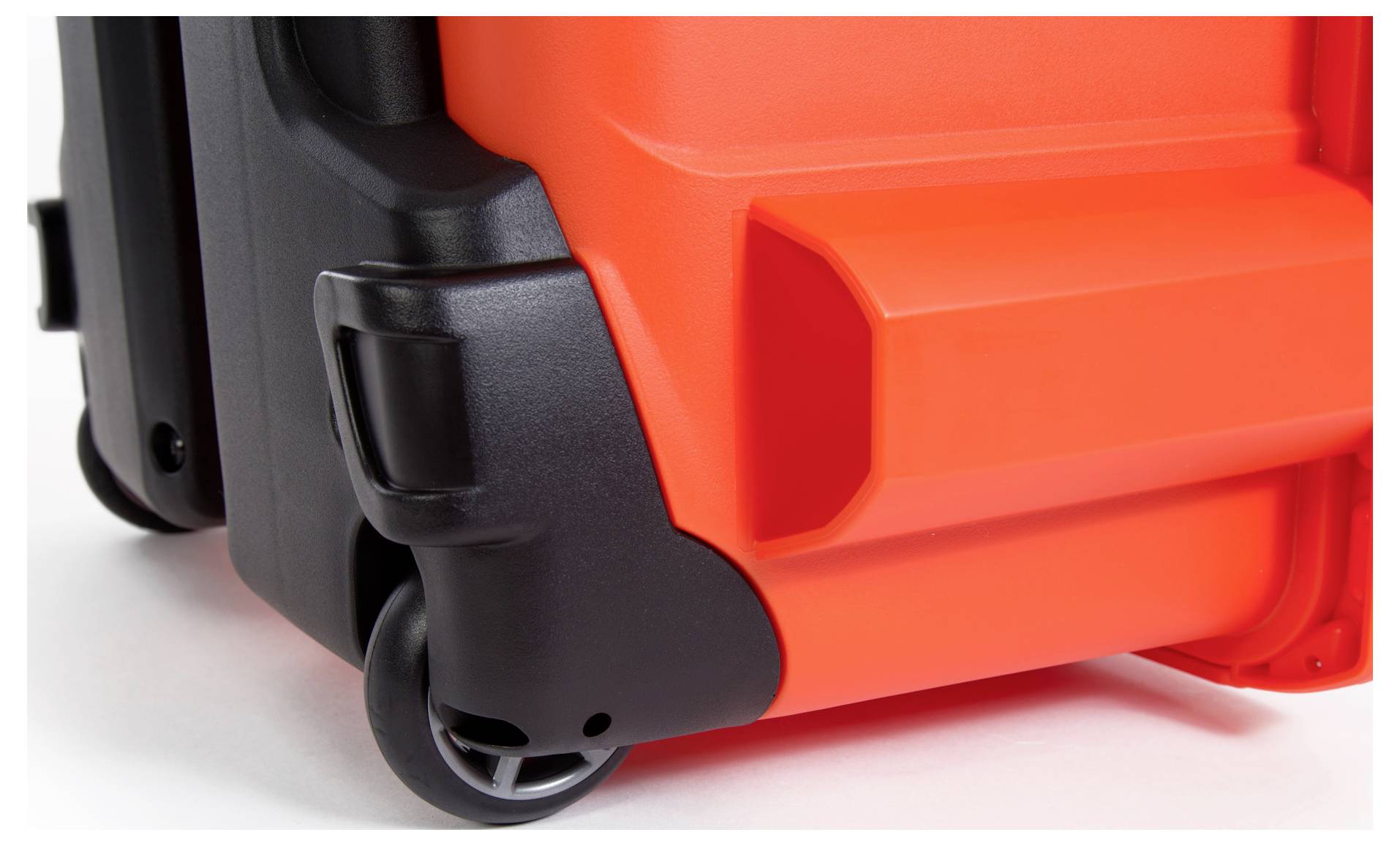 Robust orange and black suitcase with wheels.