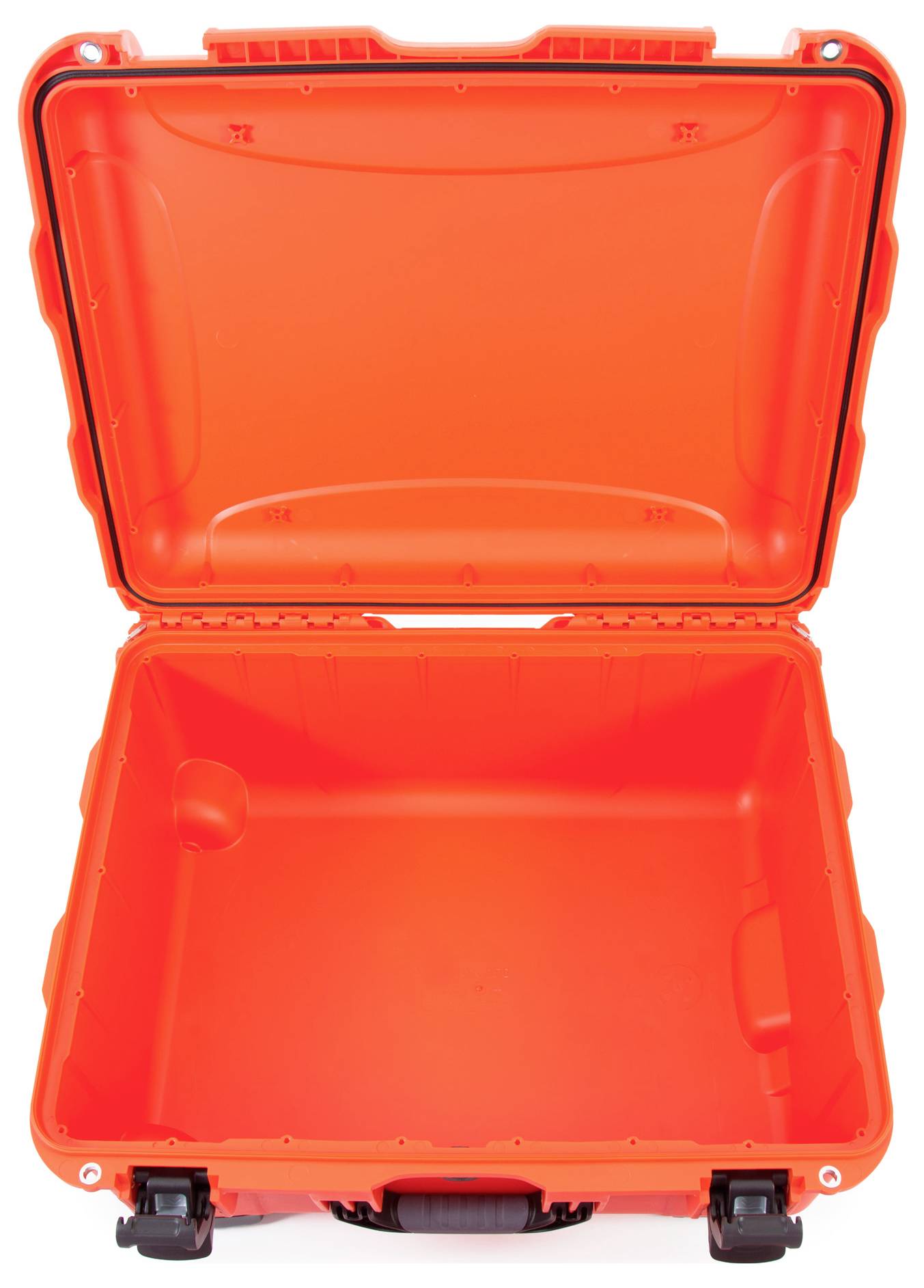 An opened, bright orange protective case with robust locks and foam insert, empty inside.