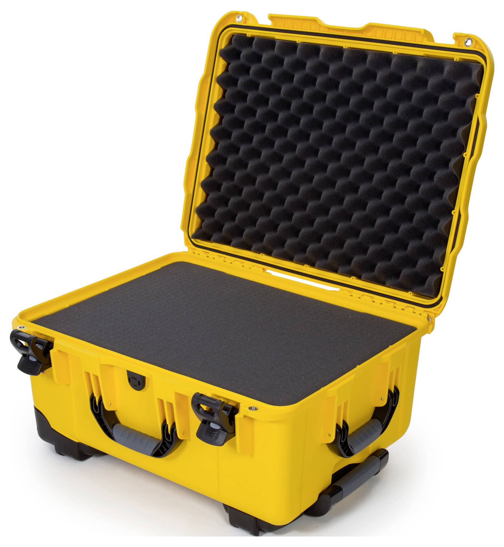 Yellow hard-shell suitcase, open, lined with black foam, suitable for securely transporting delicate equipment.