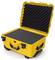 Yellow hard-shell suitcase, open, lined with black foam, suitable for securely transporting delicate equipment.