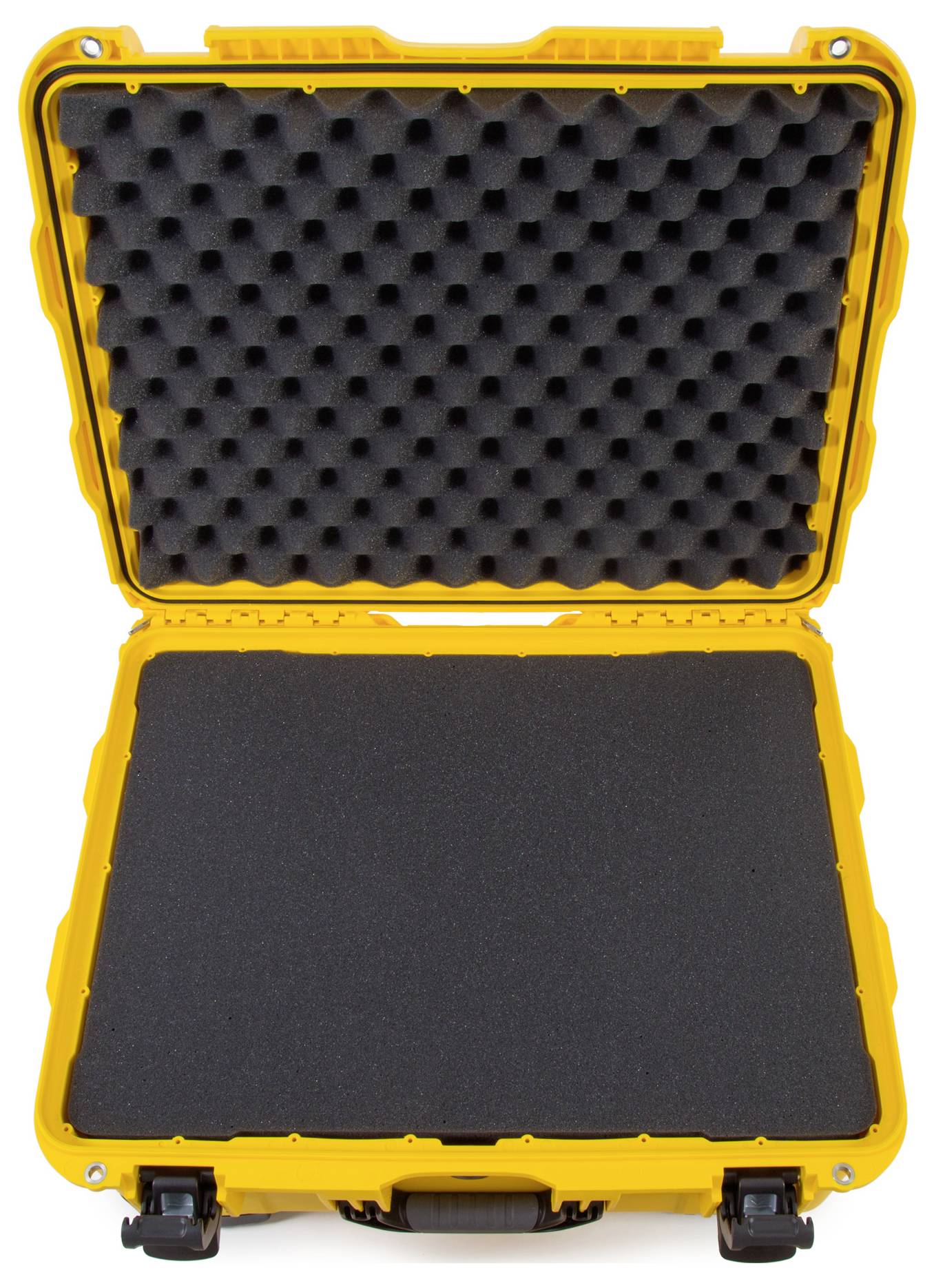An open, empty, yellow protective case with foam padding, ready for the secure transportation of delicate items.