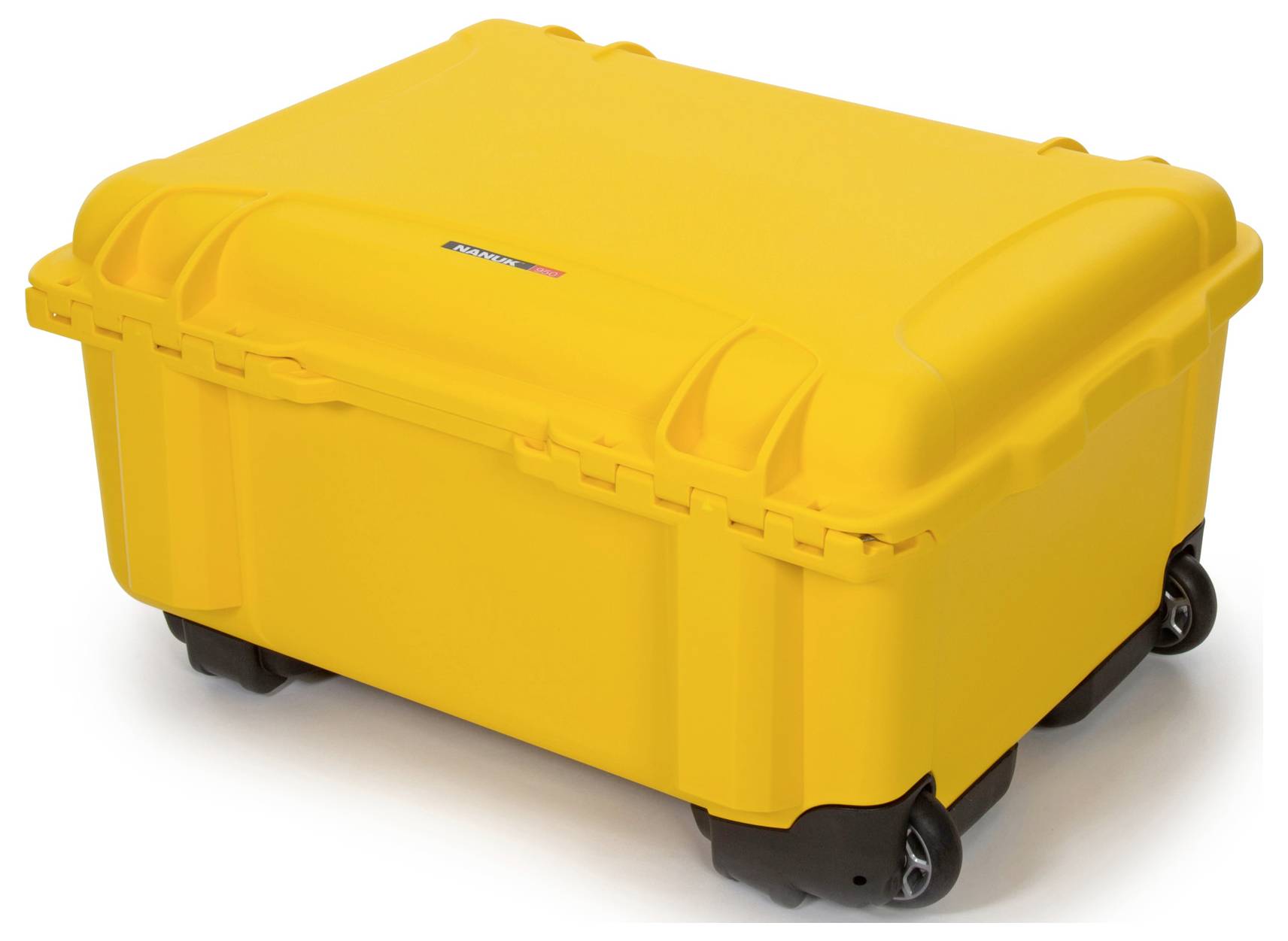 Yellow, robust plastic transport case with wheels, ideal for the secure transportation of sensitive equipment or tools.