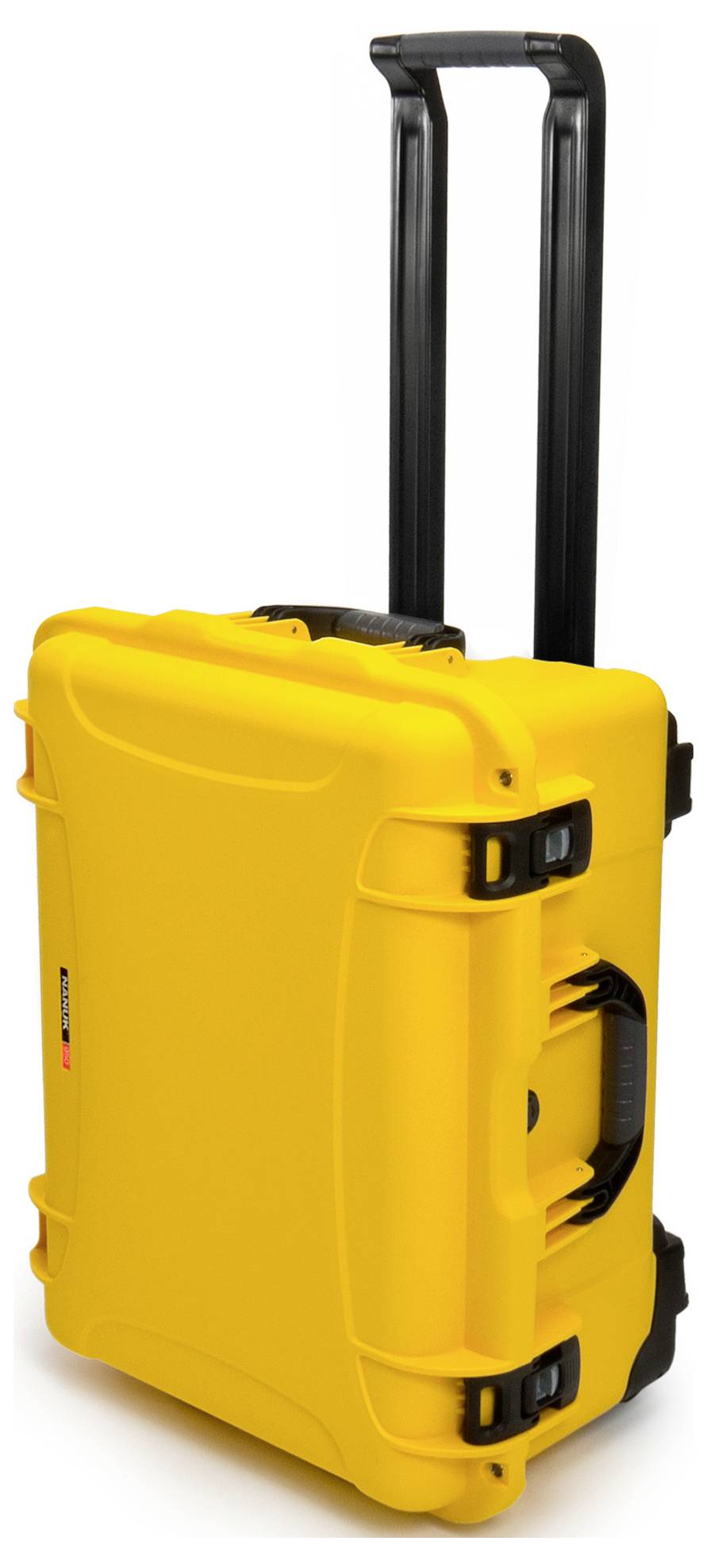 Bright yellow, sturdy rolling suitcase with telescopic handle and side carrying grip. Ideal for securely transporting delicate items.