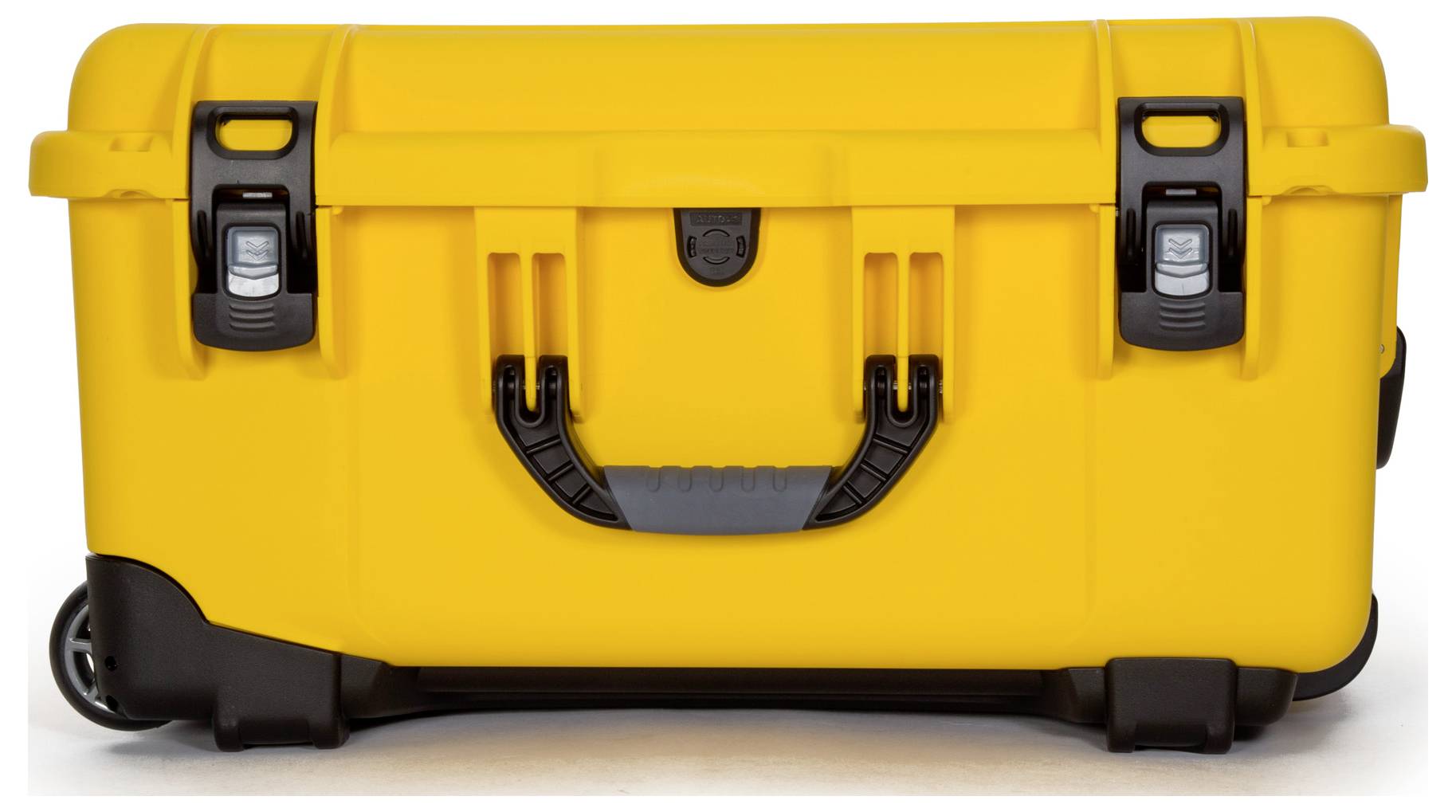 Yellow, robust tool case with black locks and handles. The case has wheels for easy transportation.