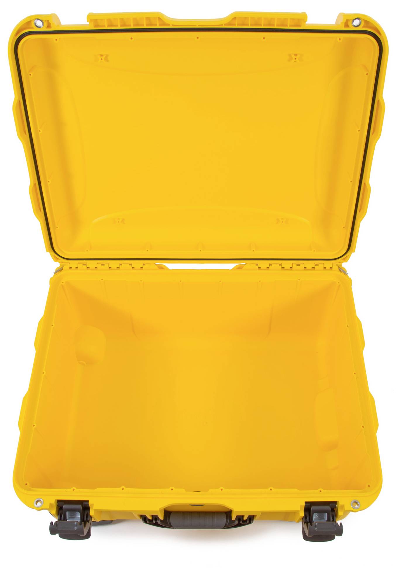 Yellow, open, empty hard-shell suitcase.