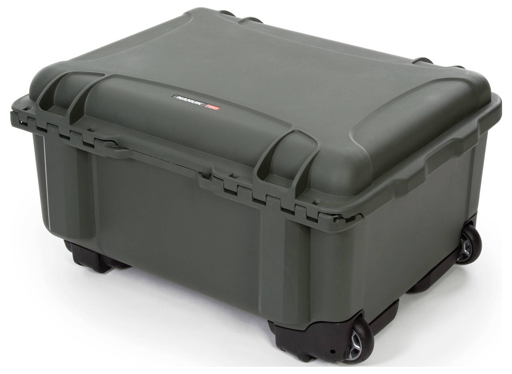 A dark green, robust plastic case with wheels, suitable for the secure transportation of delicate equipment.